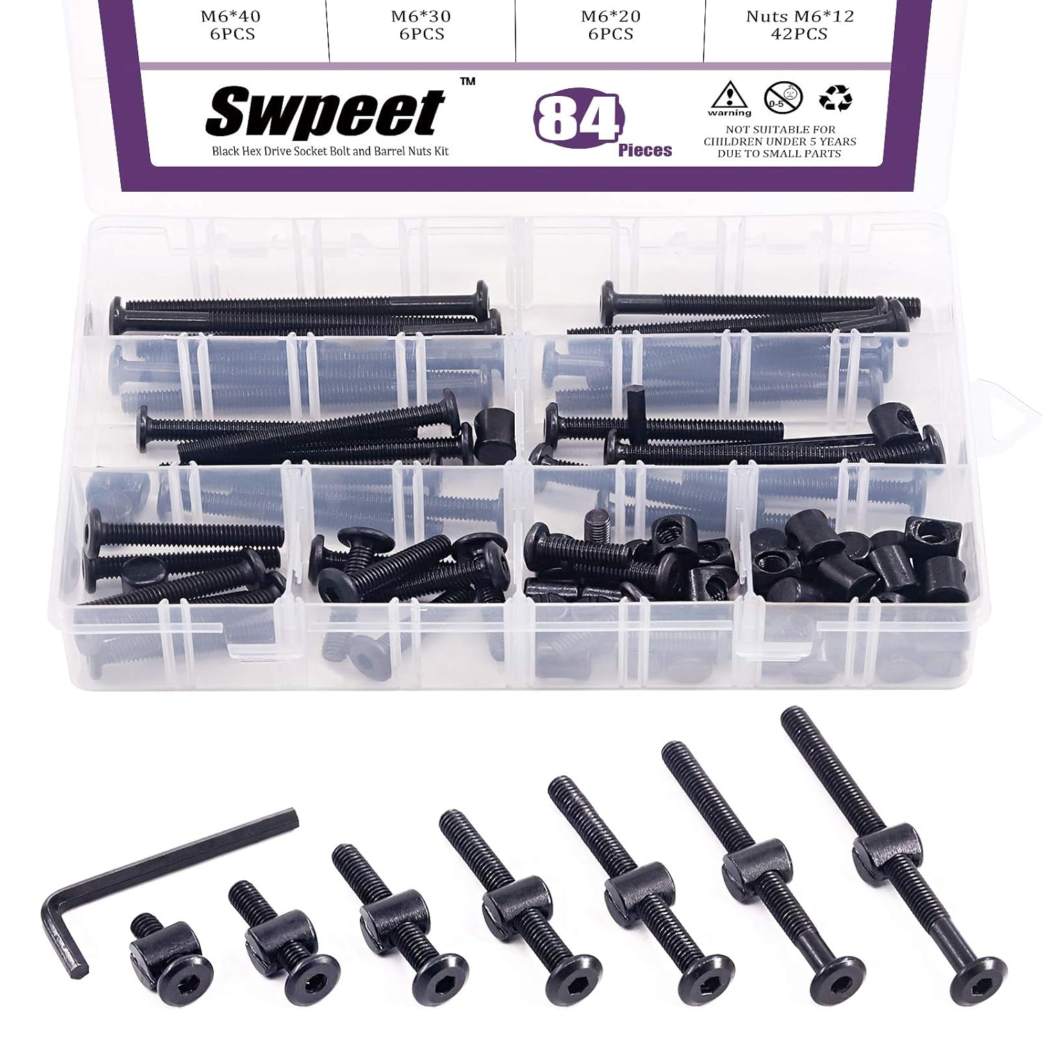 Furniture Hardware Barrel Nut - 84Pcs Black M6 × 20/30/40/50/60/70/80mm Crib